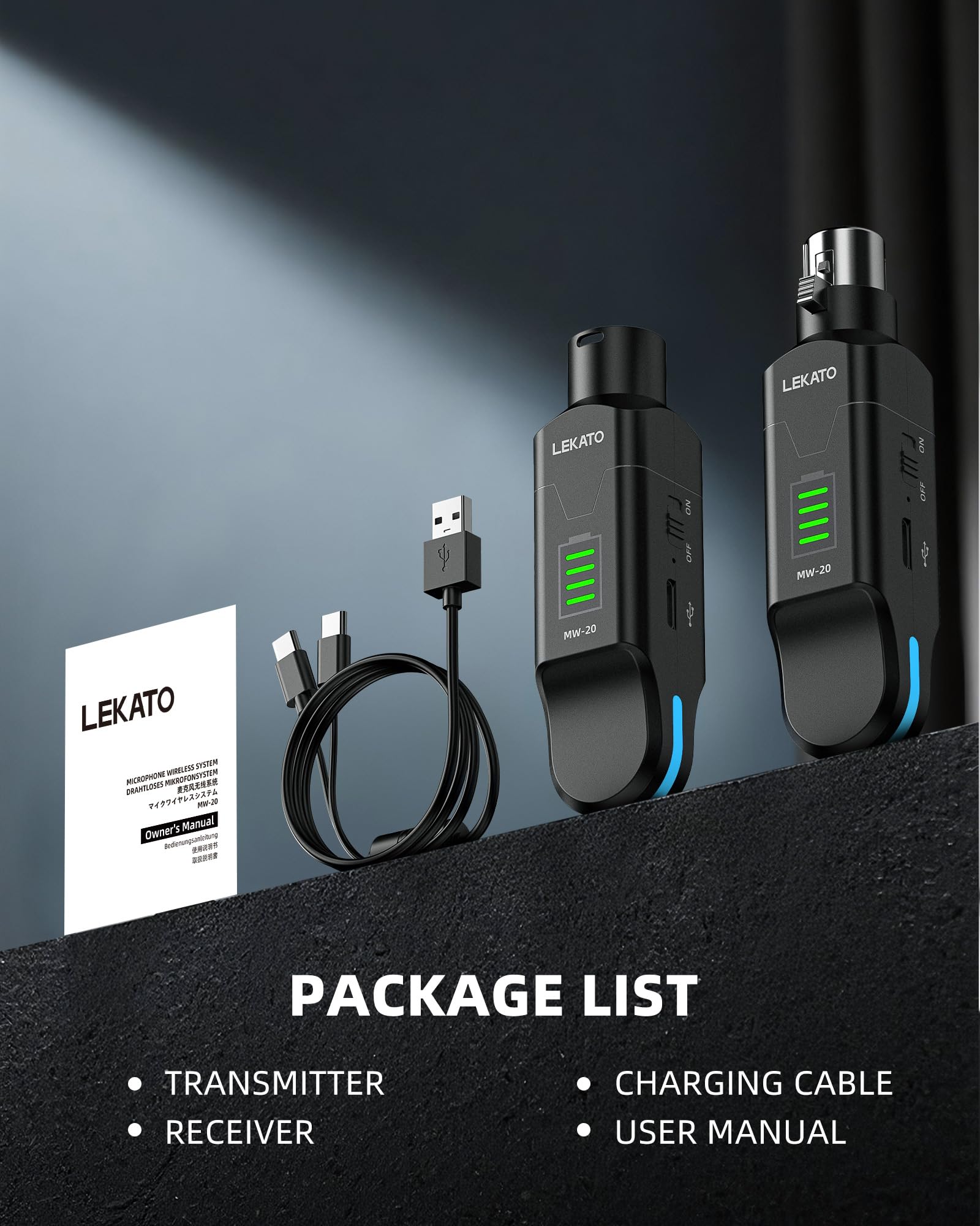 LEKATO Émetteur-récepteur XLR sans fil 2,4 GHz, alimentation fantôme 48 V, compatibilité condensateurs/micros dynamiques, Plug & Play, autonomie 8 h