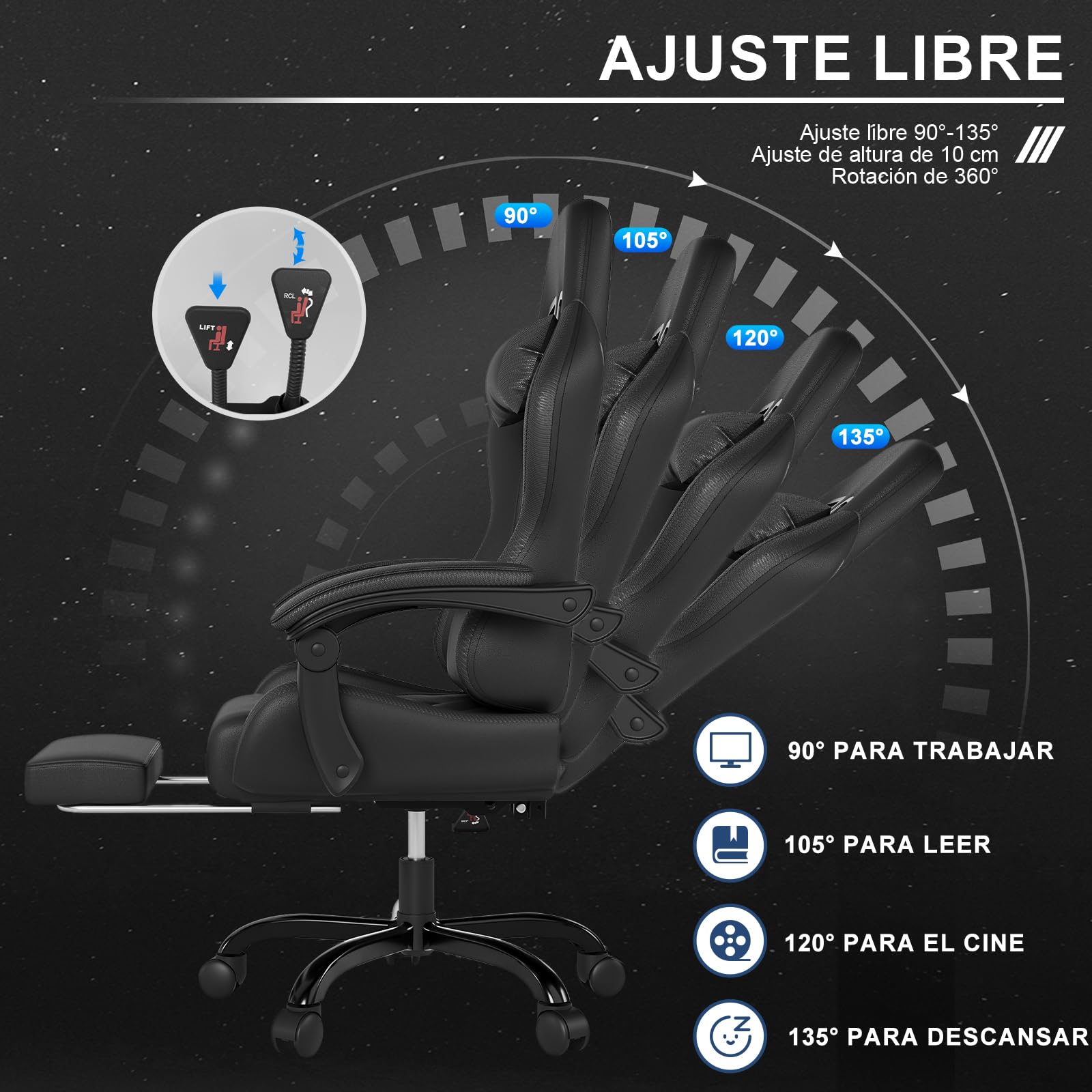 JUMMICO Silla Gaming Ergonómica con Masaje, Silla de Ordenador Reclinable 90-135° con Reposapiés, Silla de Trabajo Resistente 150 kg, Negro