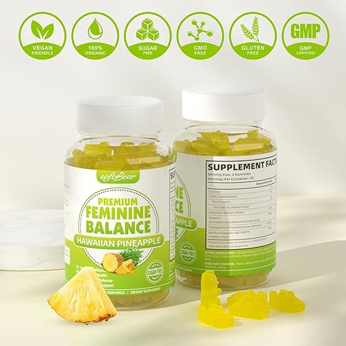 Miniatura 7 de softbear Gomitas de equilibrio femenino prémium para mujer, gomitas de equilibrio de piña y pH para mujeres, olor saludable, flora, vaginal, apoyo