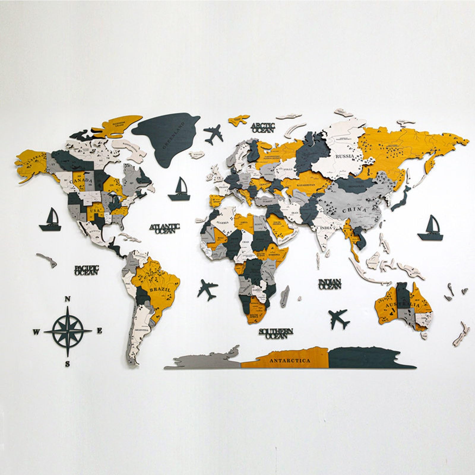 3d Wood World Map Wall Art, Wooden World Map 3D Art Large Wall Decor, Living Room Hanging Mural Wallscape, Creative Wall Decoration for Living Room Background(Color 4,300x170cm/118.1x66.9in)