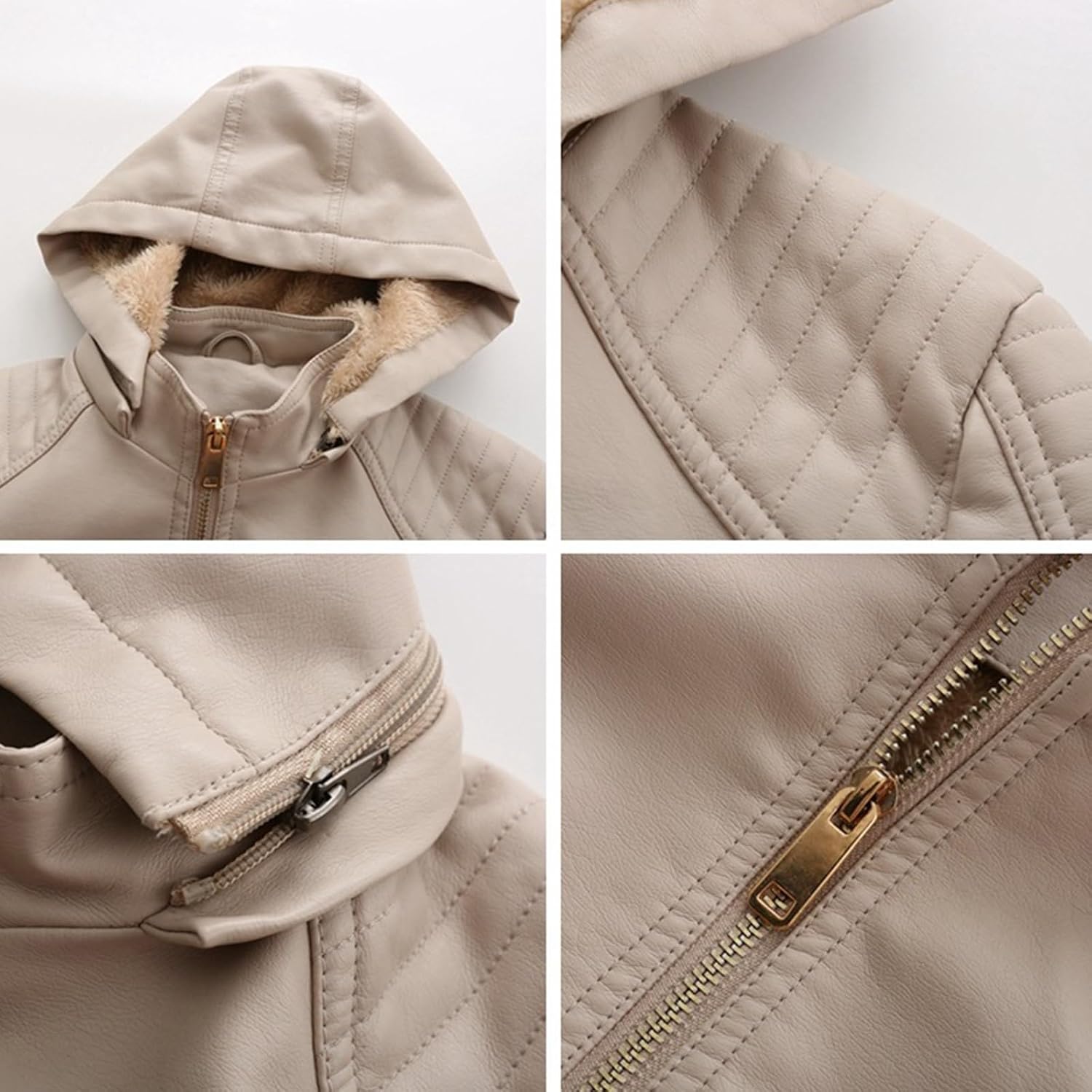 Women's Casual Full Zip up Sherpa Lined Hoodie Faux Leather Jacket Coat, Moto Jacket with Removable Hood
