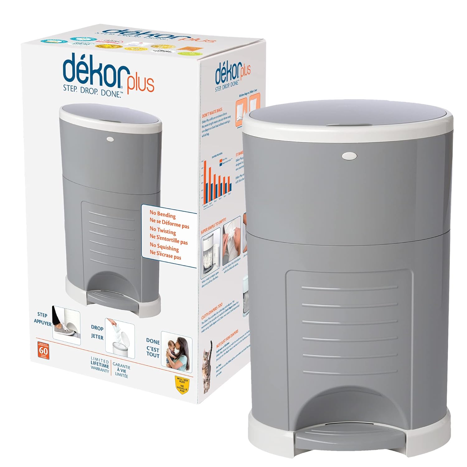 Dekor Plus Hands-Free Diaper Pail | Gray | Easiest to Use | Just Step – Drop – Done | Doesn’t Absorb Odors | 20 Second Bag Change | Most Economical Refill System |Great for Cloth Diapers : Diaper Pails : Baby