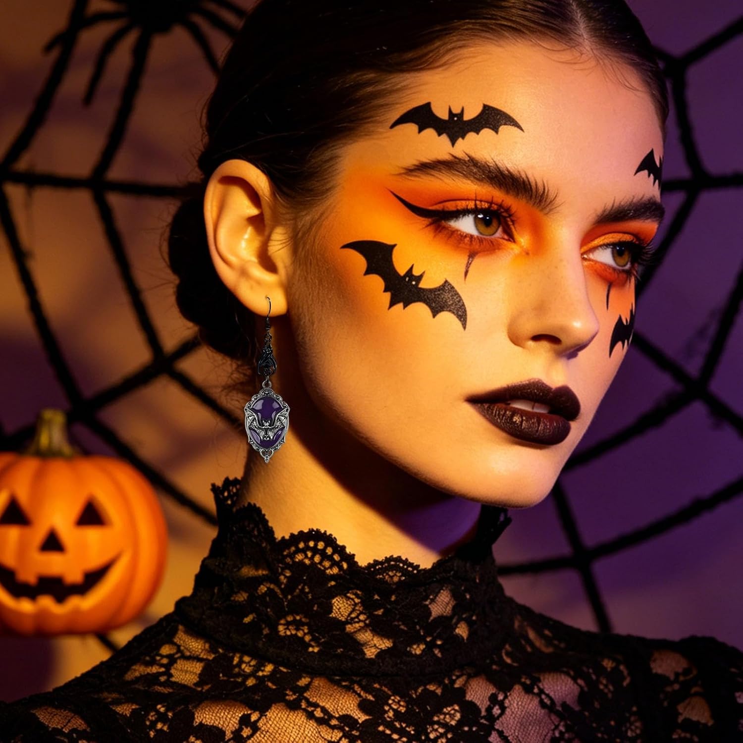 MALOYANVE Gothic Bat Dangle Earrings Black Vampire Bat Red Cameo Drop Earrings Vintage Victorian Spooky Halloween Punk Goth Jewelry for Women Witch Costume Accessories image 4
