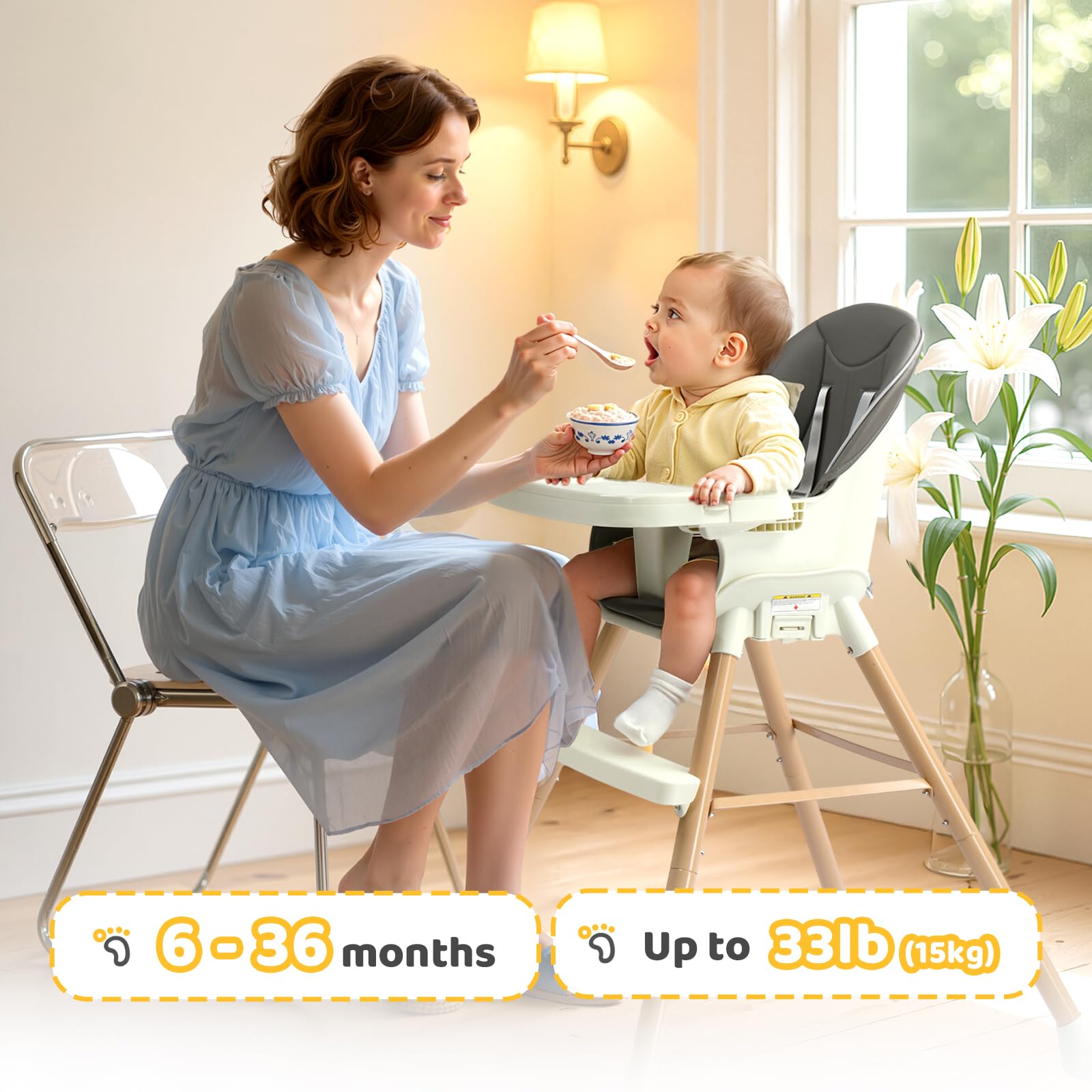 BONNLO Chaise Haute Bébé Évolutive, Pieds Fixes, Structure Renforcée, 4 KG Léger, 68x68x93cm, Réglable en Hauteur, Ceinture 5 Points, Fixation sur Chaise Adulte, Nettoyage Facile (Gris foncé)