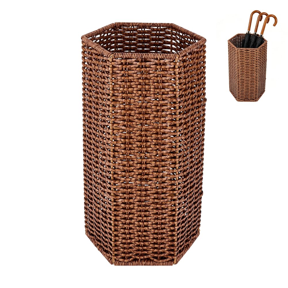 Paragüero hexagonal marrón de mimbre trenzado artesanal de 39,3 cm