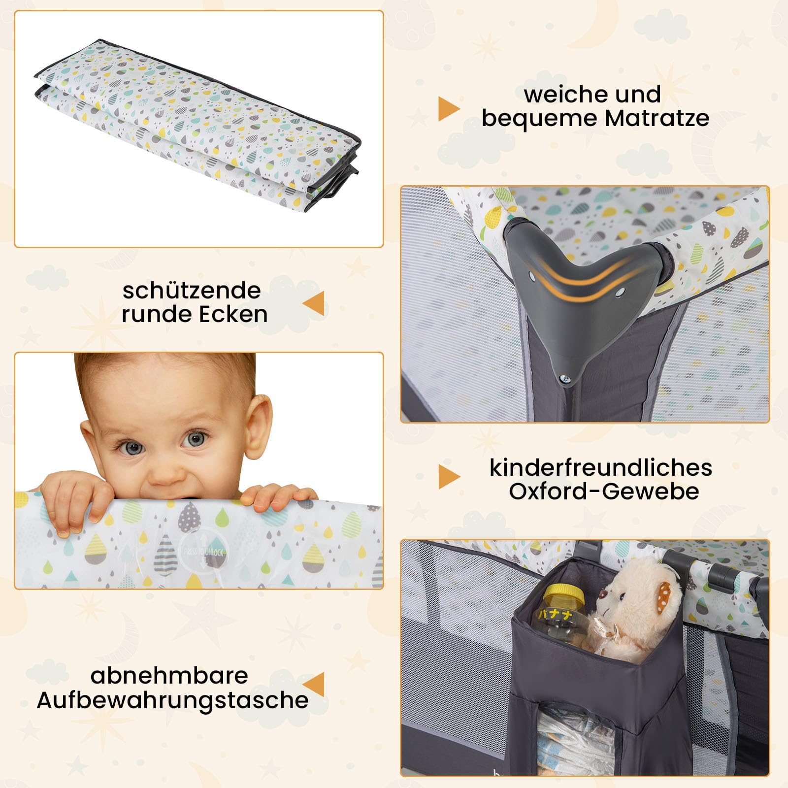 COSTWAY 3 in 1 Beistellbett klappbar, Reisebett mit Matratze, Hängespielzeug, Spieluhr, Wickeltisch & Tragetasche, 2 Ebene Babybett mit Rollen für Baby bis 36 Monaten (Beige)