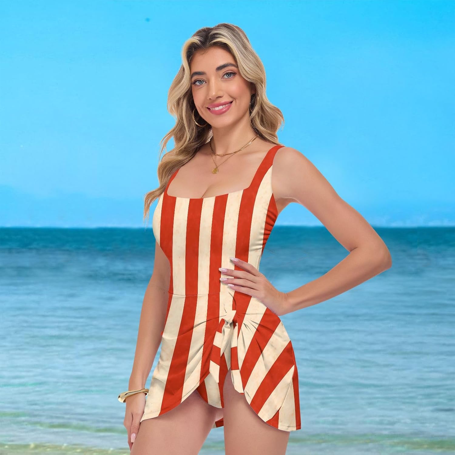Red Yellow Stripe Women's One Piece Swimsuits Tummy Control Bathing Suits S A2300913