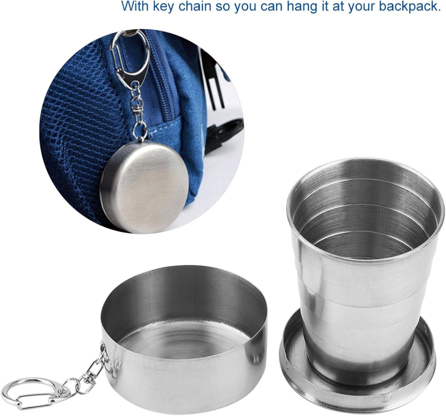 Omabeta Silver Portable Outdoor Tumbler Stainless Steel Collapsible Folding Cup Mini Lightweight Reusable Mugs with Key Chain for Traveling Camping(60ml) - Image 4