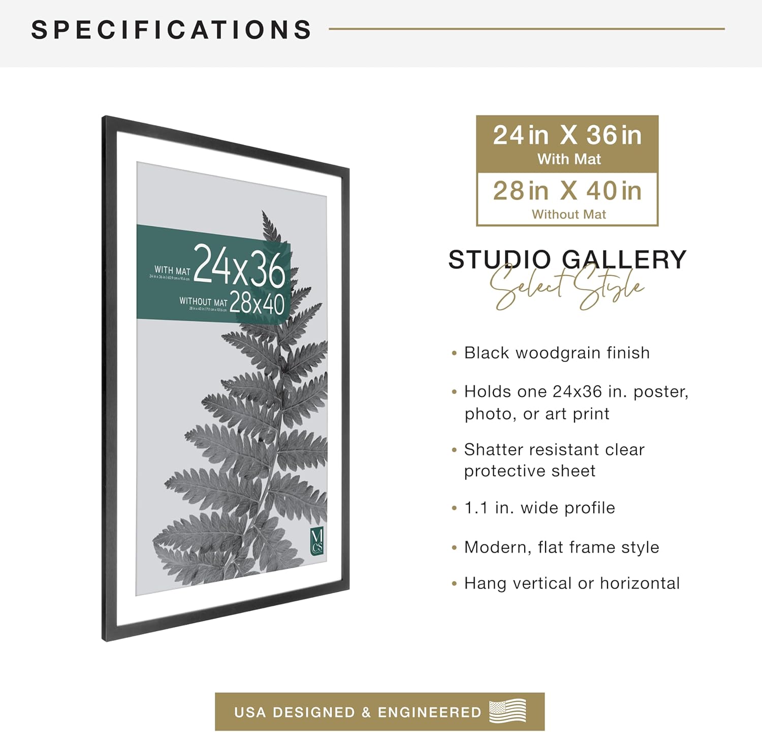 MCS Studio Gallery 28x40 Matted Poster Frame with 24x36 Picture Display, Black Woodgrain Engineered Wood Vertical & Horizontal Wall Hanging Large Picture Frame for Photos, Posters & Art Prints (1-Pack)