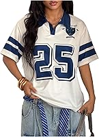 SOLYHUX Women's Graphic Number Jersey T-Shirts - Collared Short Sleeve Preppy Streetwear Tees