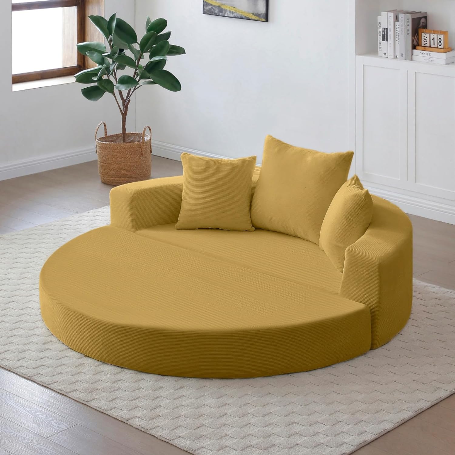67'' Circular Convertible Compressed Sofa Bed, Corduroy Floor Lounge Boneless Couch, Loveseat Sleeper Sofa Couch with 3 Cushions, No Assembly for Apartment, Bedroom, Living Room, Yellow