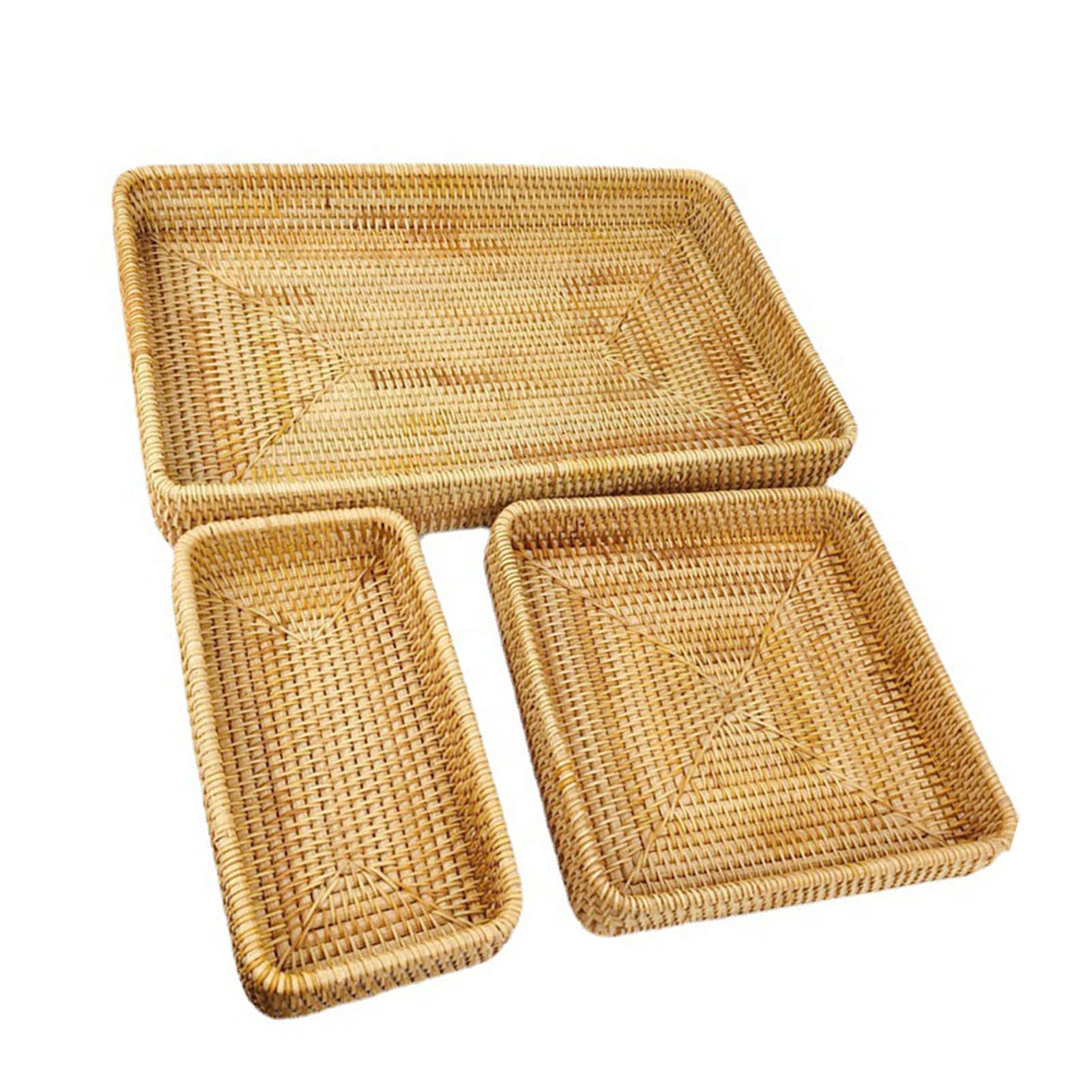 Juego de Bandejas de Ratán Tejidas a Mano, Cesta Multifuncional para Servir de 3 Piezas para Organización de Mesa, para Refrigerios, Pan y café, Bandejas Decorativas Livianas y Portátiles