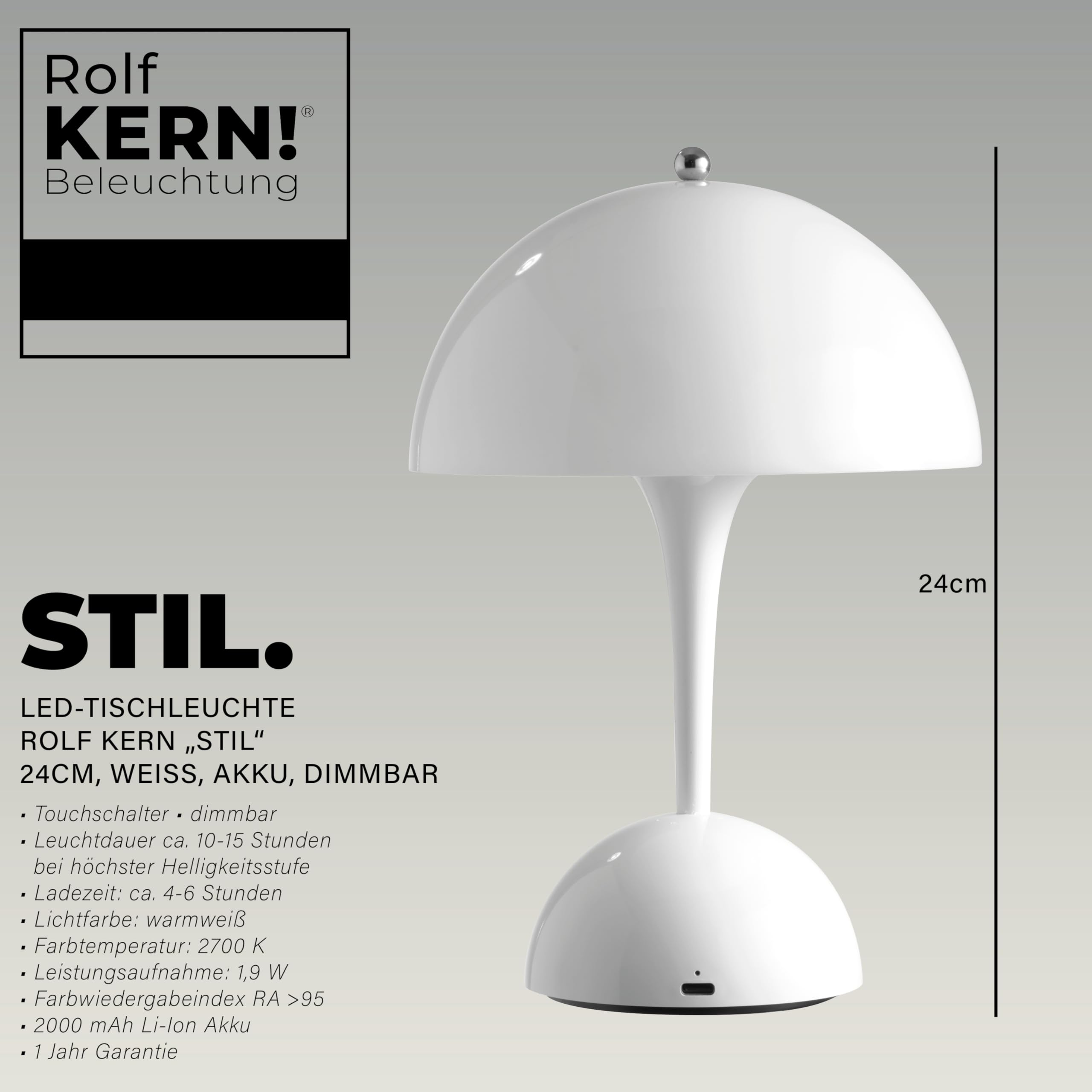 LED Tischlampe | Stil 24cm | Pilzlampe Akku Nachttischlampe, Schreibtischlampe Dimmbar, Warmweiß 2700K, Touch-Dimmer, IP44, kabellose Design Tischleuchte für Wohnzimmer, Büro, Balkon Terasse