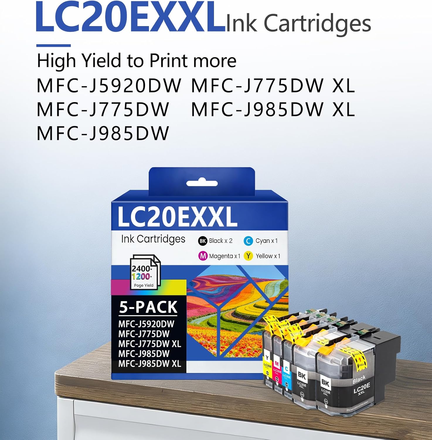 LC20EXXL LC20E Ink Cartridges Set 5-Pack with Super High Yield Replacement for Brother LC20EBK LC20EC LC20EM LC20EY MFC-J985DW MFC-J775DW MFC-J5920DW Printers Printer LC20E XXL Ink (2BK/C/M/Y)