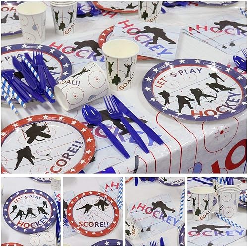 Miniatura 7 de Suministros de fiesta de hockey  Paquete de fiesta temática de hockey sobre hielo para niños fanáticos del hockey  Incluye platos, tazas,