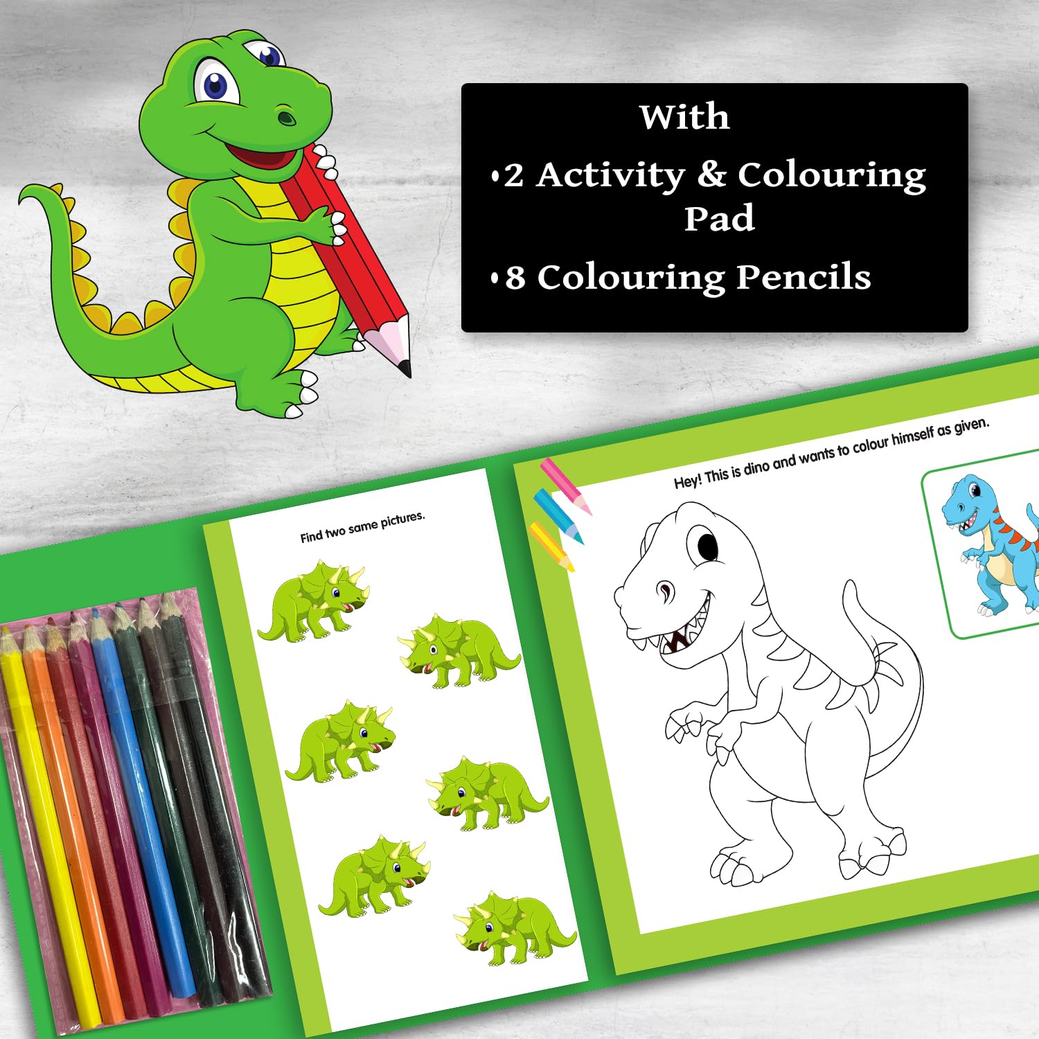 Hello Friend Foldable Dinosaur Activity Book And Colouring Kit - 30 Colouring Sheets, 2 Activity Colouring Pad, 6 Pencil Colours Set With A Magnet Closure, 5+ yrs 2