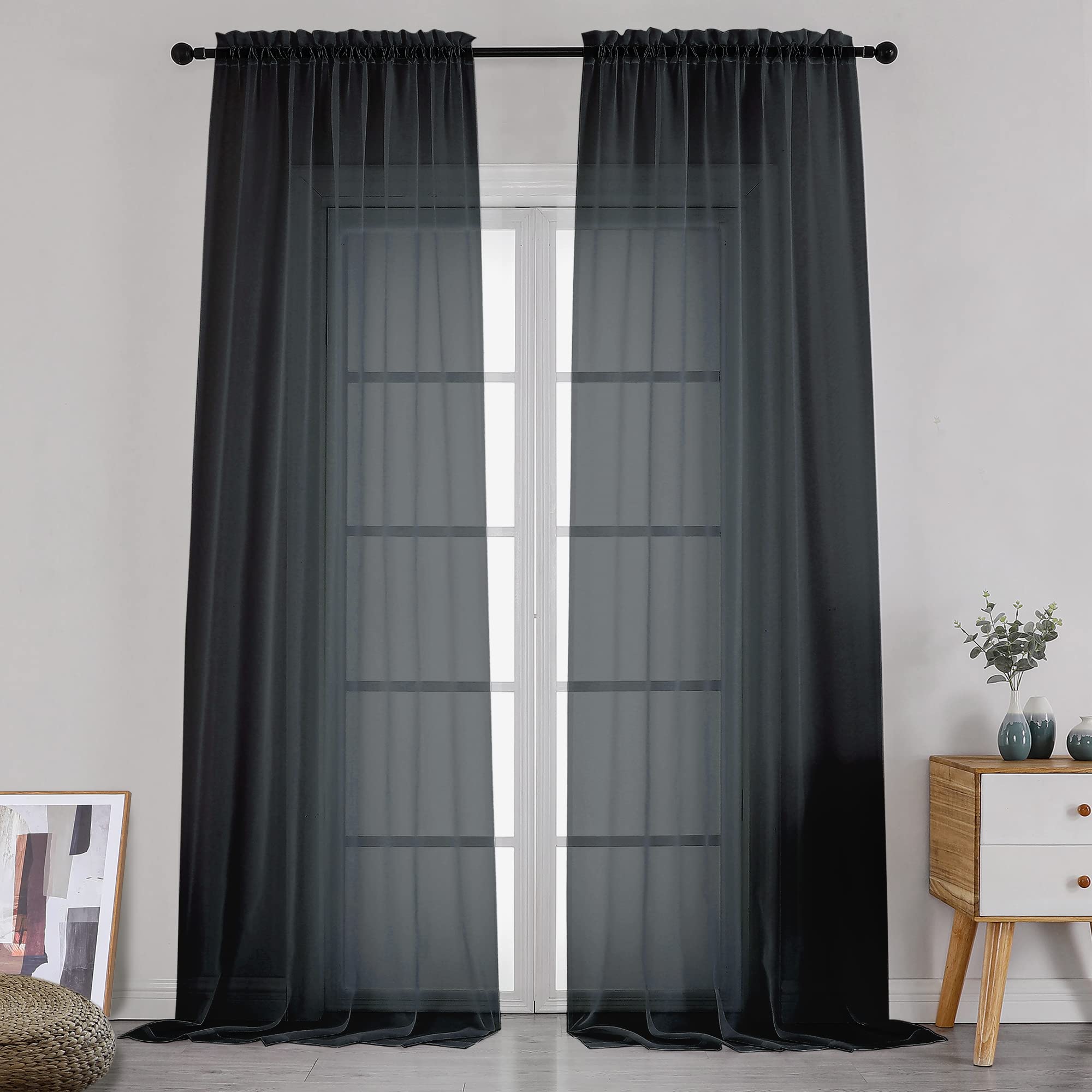 Simplebrand Black Sheer Curtains 120 Inches Long, Extra Long Rod Pocket Solid Color Window Sheer Curtain Panels, Elegant Curtains &amp; Drapes for Living Room, Bedroom 2 Panels (Black, 2x42x120'')