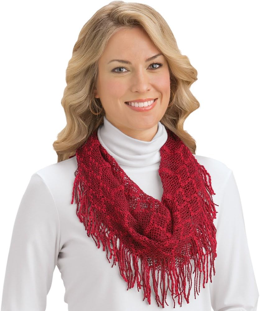 Collections EtcSoft Crochet Knit Infinity Scarf with Tassel Fringe - Dress Up Any Outfit With This Warm Accent, Red