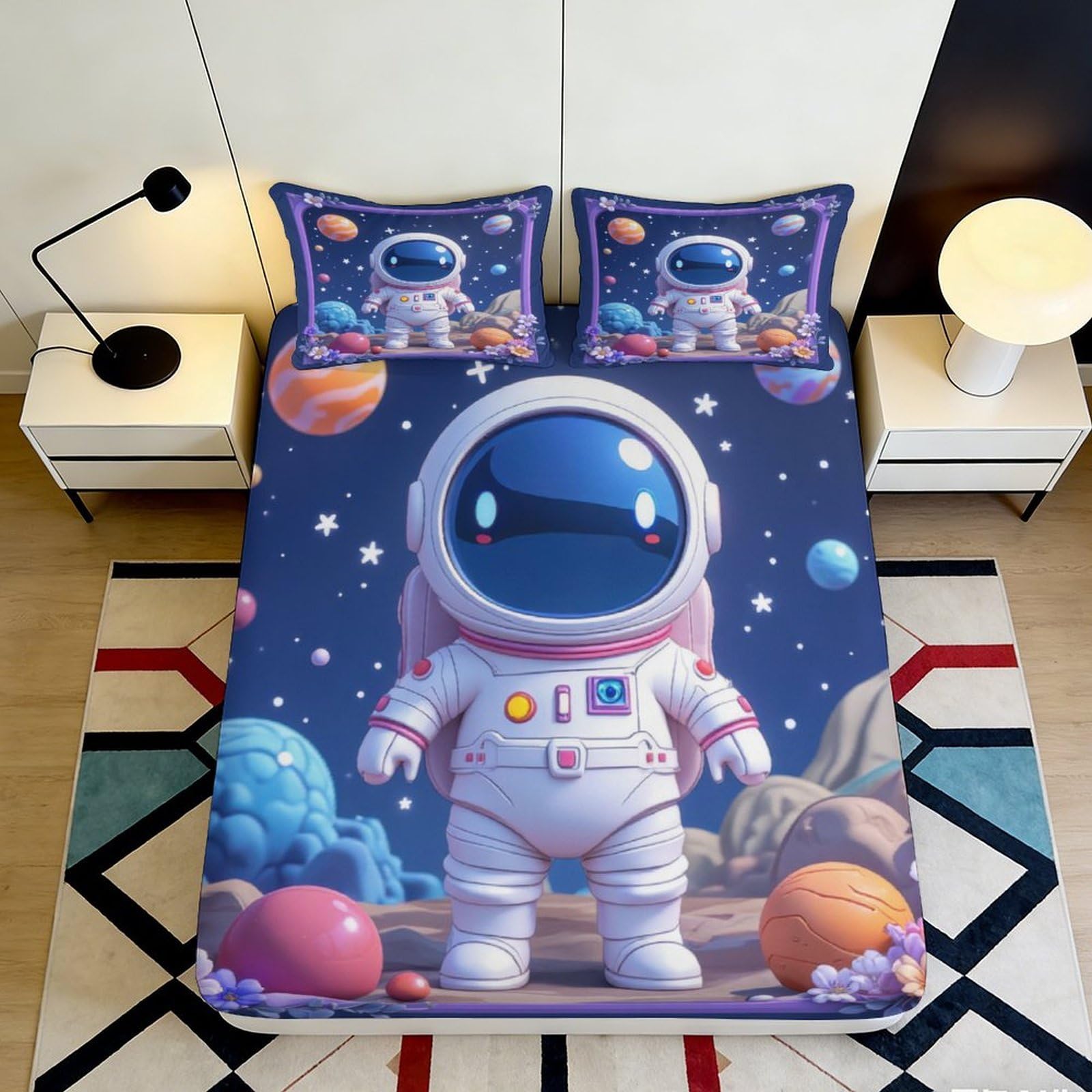 3D Printed Astronaut Space Fitted Sheet Microfiber Soft Durable Cosmic Planets Mattress Cover for Bedroom Dorm Dormitory Guest Room Protection 120x200x25cm