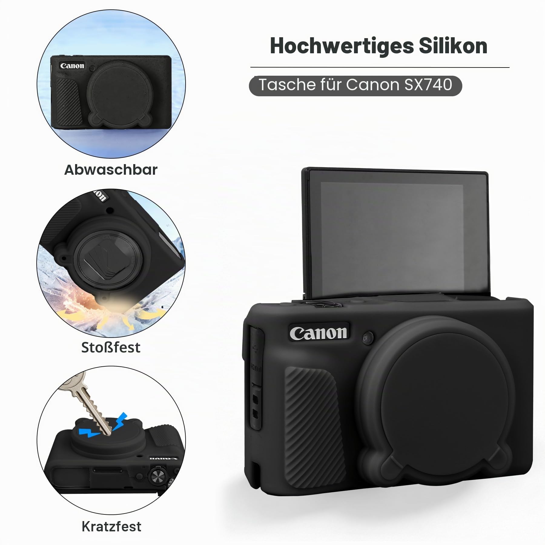 BOVKE Hartschalenkoffer + Silikonhülle für Canon PowerShot SX740 SX730 Digitalkamera, stoßfeste Eva-Aufbewahrungstasche mit weicher Silikon-Schutzhülle, mit Abnehmbarer Objektivabdeckung, Schwarz