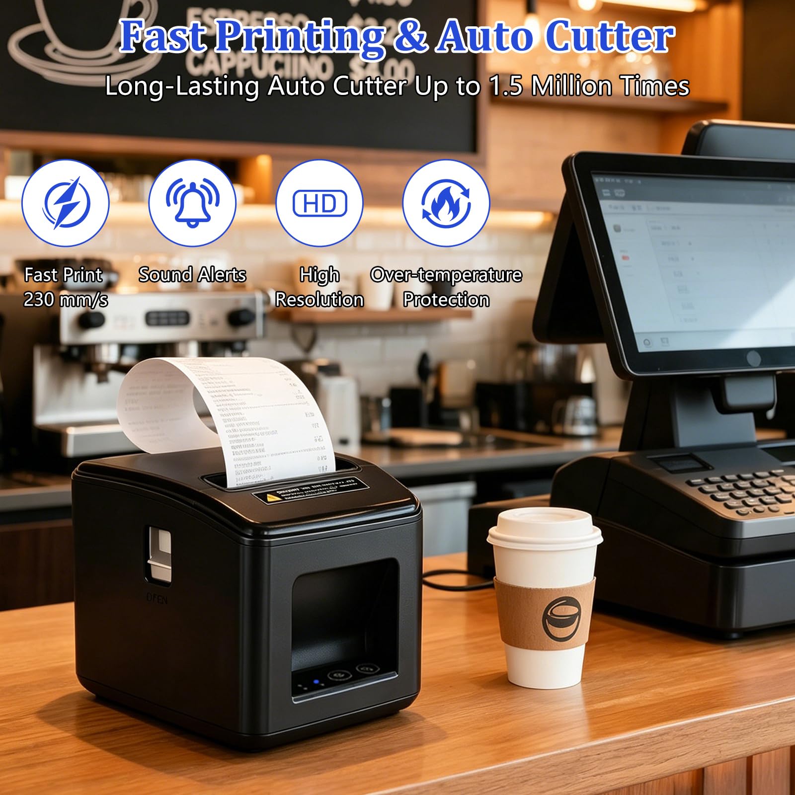 Stampante per ricevute termiche 80 mm, taglio automatico, USB + LAN | Stampa ad alta velocità da 230 mm/s, ESC / POS Supporto Windows / Android / Mac / Linux, negozi al dettaglio e ristoranti