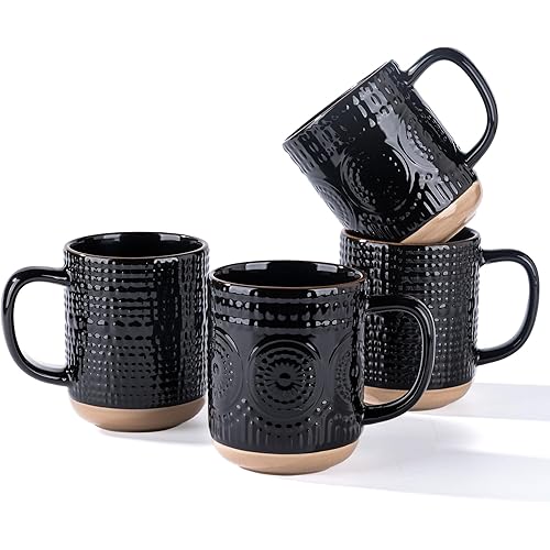 GBhome Large Coffee Mugs Set of 4, 16oz Handmade Stoneware Coffee Mugs Set with Large Handle for Cappuccino/Latte/Tea/Hot Cocoa, Dishwasher & Microwave Safe, Black