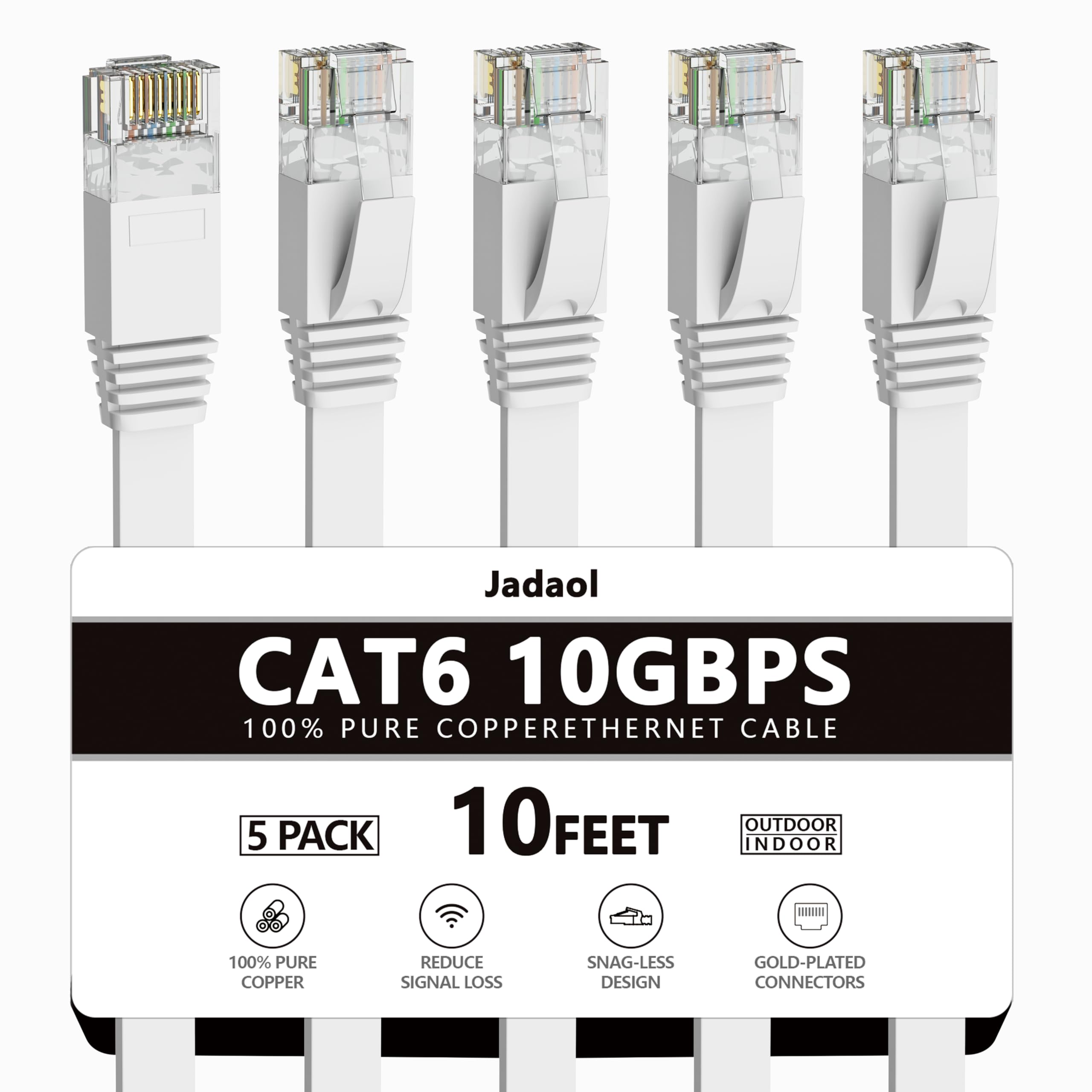 Jadaol Cat 6 Ethernet Cable - Flat Internet Network Cable - Cat6 Ethernet Patch Cable Short - Cat 6 Computer LAN Cable with Snagless RJ45 Connectors 10 Feet Cat6-10ft-5pack-White