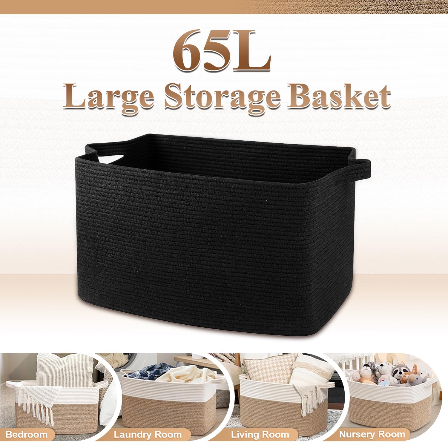 Esteopt Cesto portaoggetti pieghevole extra large da 65 l, con manici, in tessuto resistente, per giocattoli, coperte, vestiti stagionali, design pieghevole salvaspazio (55 x 38 x 30 cm) (nero)