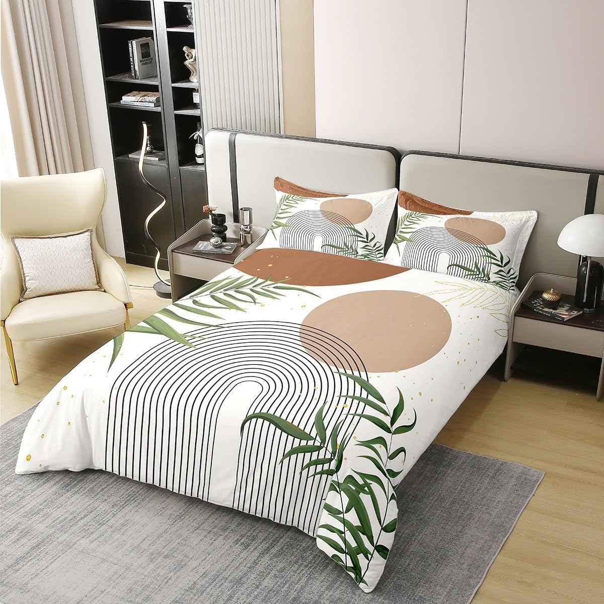 Erosebridal Boho Mid Century 100% Cotton Duvet Cover Full, Modern Bohemian Minimalist Bedding Set, Abstract Geometric Comforter Cover for Kids Adults, Retro Aesthetic Brown Circle Bedclothes