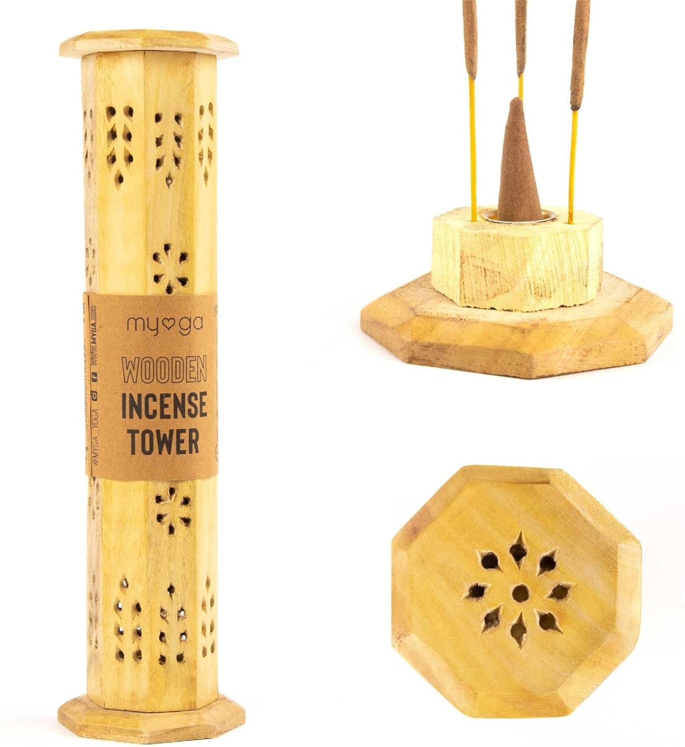 Myga Incense Tower Wooden Carved Incense Holder for Joss Stick