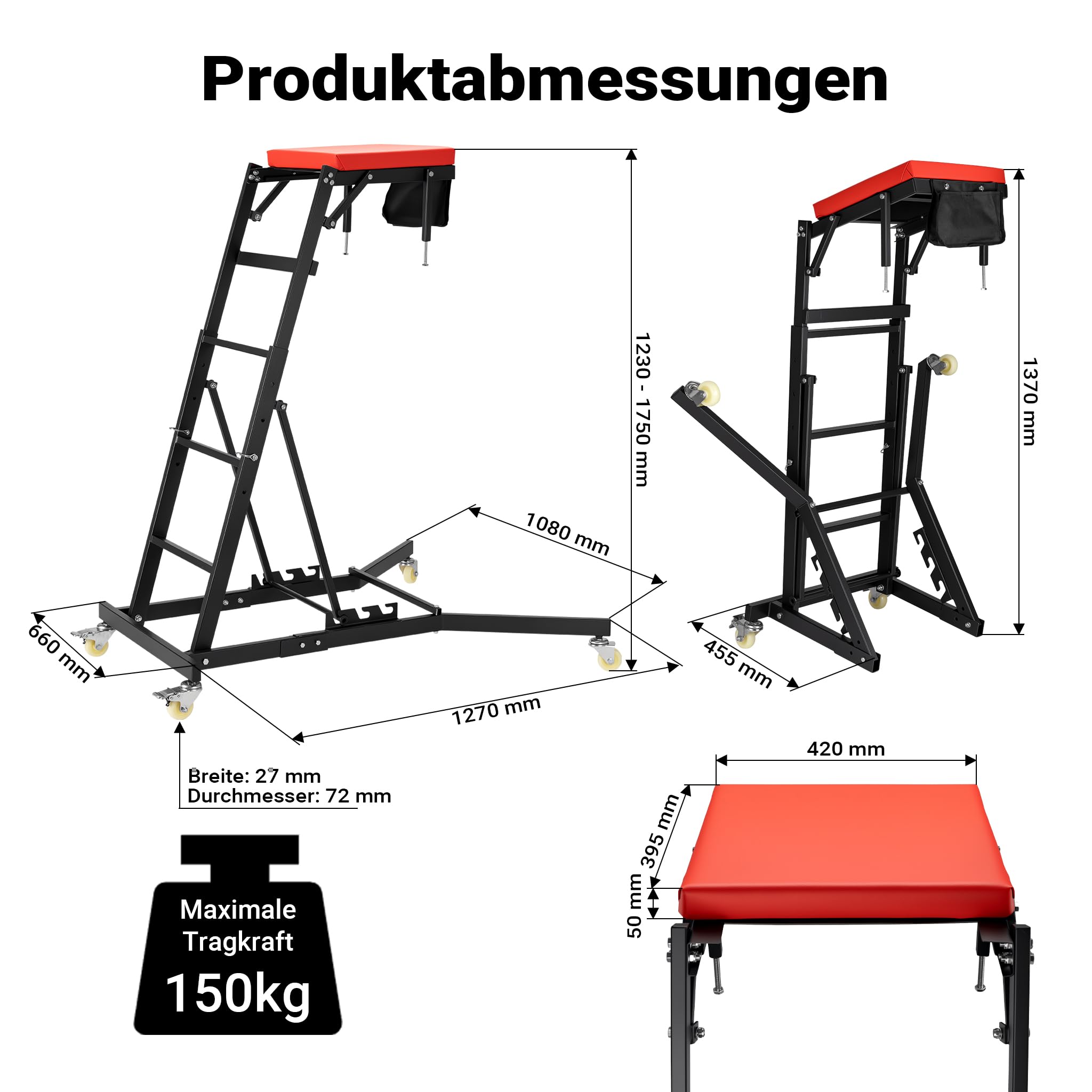 Wiltec Montagerollbrett Automotive Topside Creeper 150 kg höhenverstellbare Montagehilfe mit Leiter