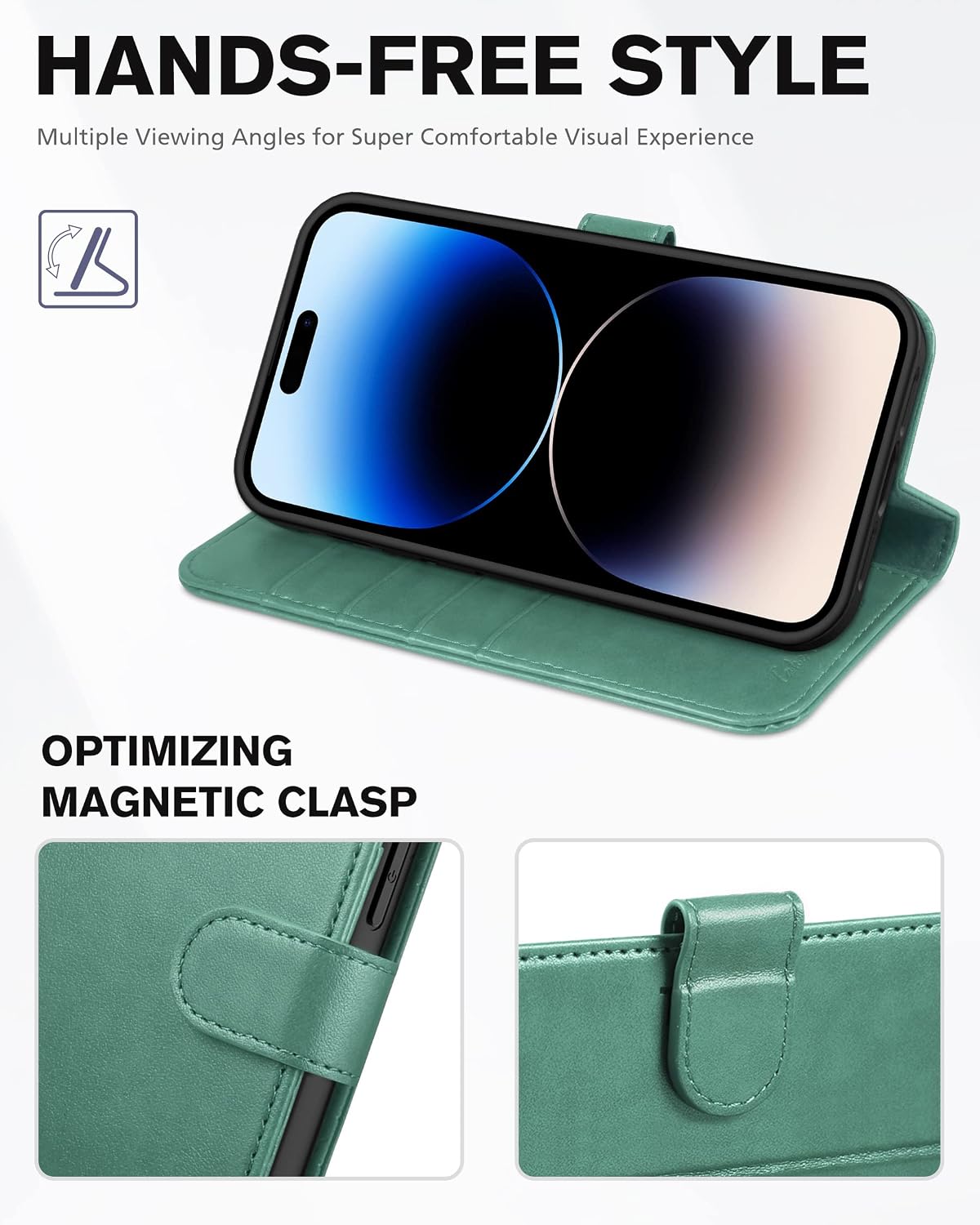 TUCCH Wallet Case for iPhone 14 Pro Max 5G, RFID Blocking 4 Card Holder [TPU Interior Protective Case], Magnetic Folio PU Leather Stand Flip Cover Compatible with iPhone 14 Pro Max 6.7", Myrtle Green