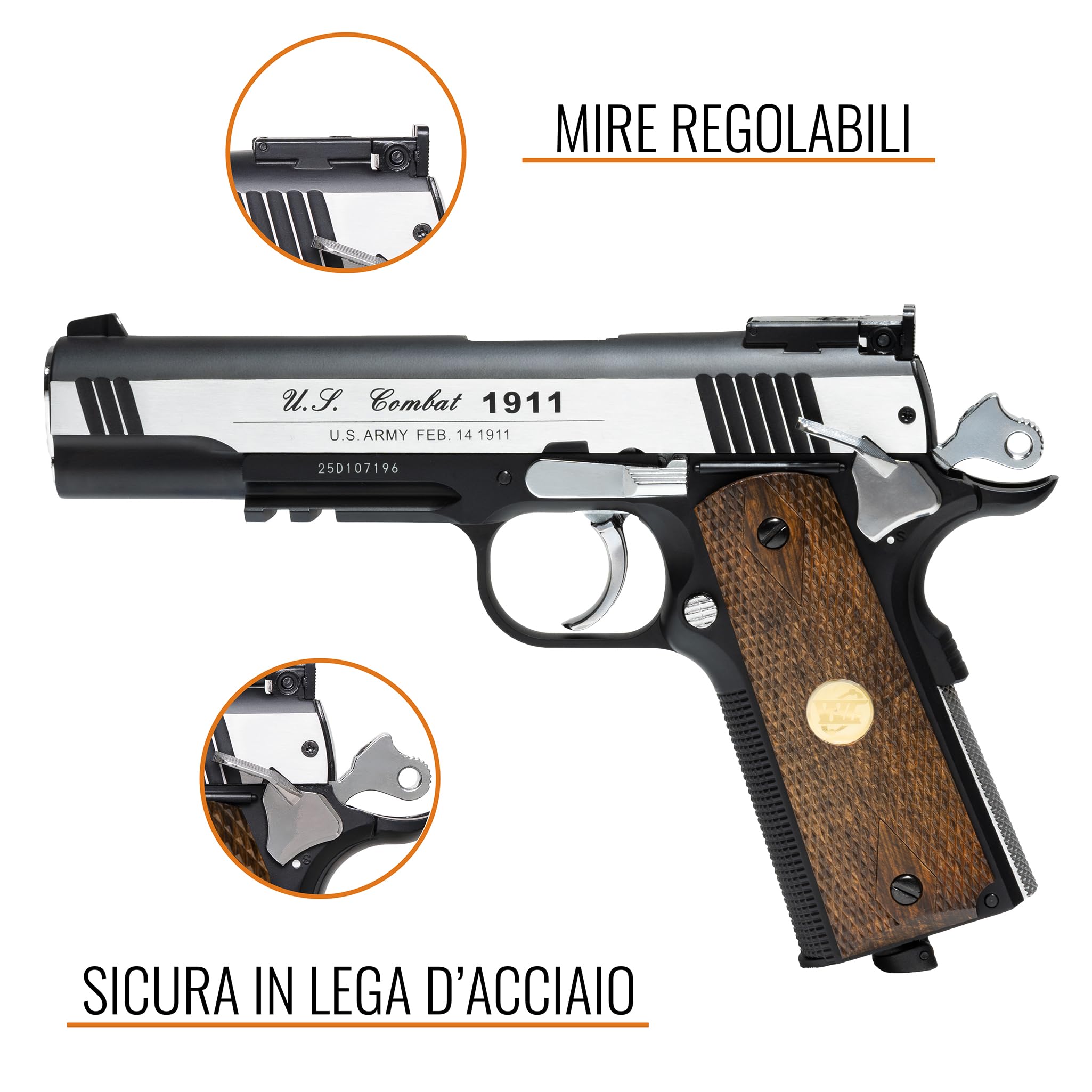 Pistola Softair Coltt 1911 CO2 Full Metal, Pistola a Pallini Scarrellante con 10 Bombolette, 1000 Pallini 6mm, Pistole Softair, Airsoft, colore nero, potenza 0,90 joule (LEGNO)