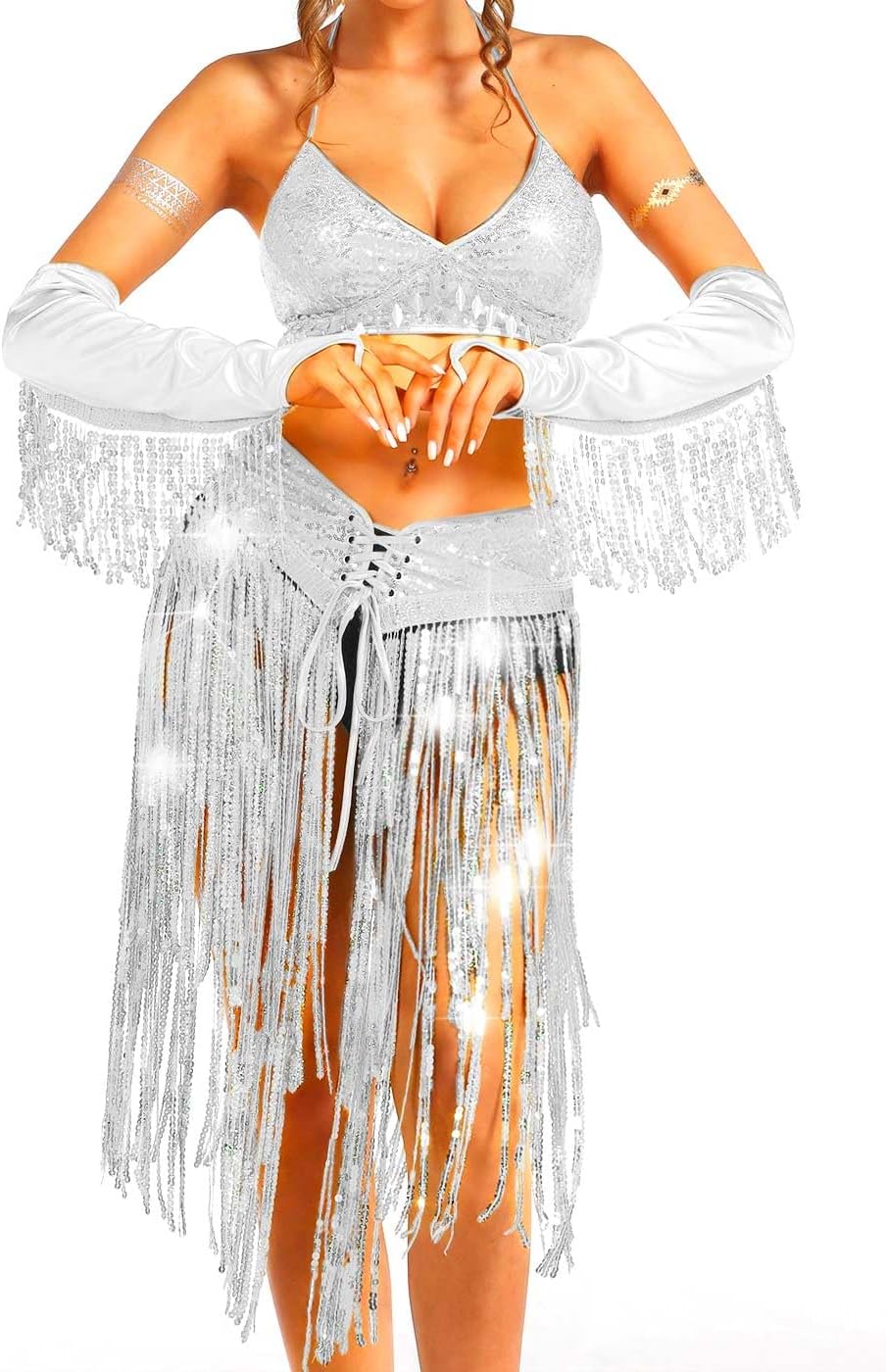CAKURE Women Rave Fringe Outfits Glitter Sequins Burning Man Outfit Tassel Carnival Cowgirl Costume Set for Women