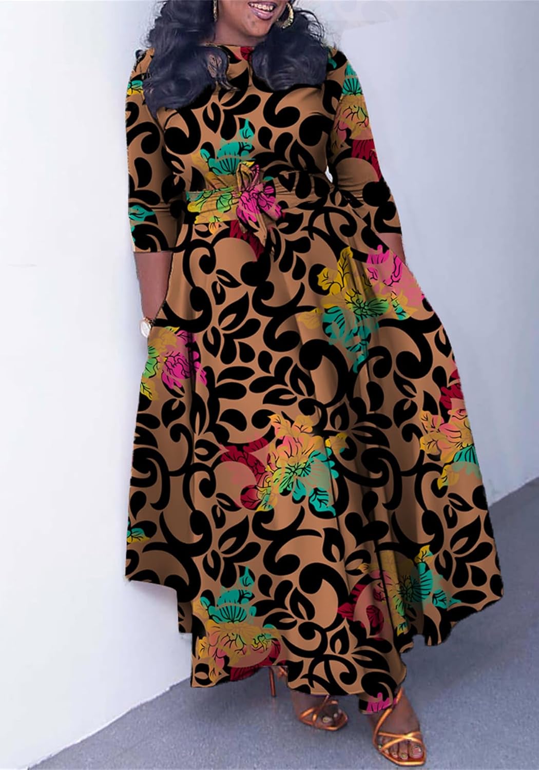 Casual Plus Size Maxi Dress for Women African Print 3/4 Sleeve Flowy Ruffle Long Dress with Belt 2025 Fashion - Image 3