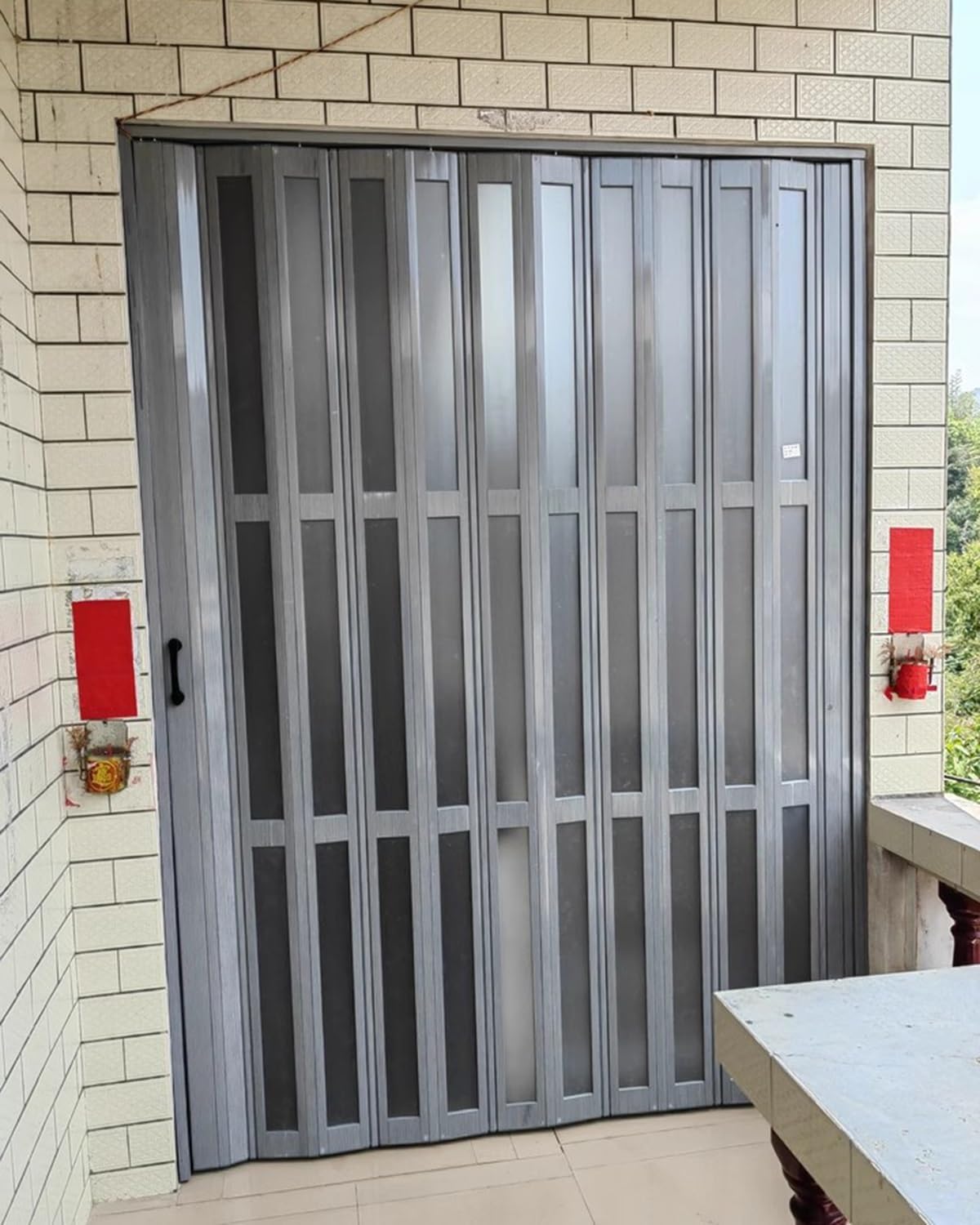 Grey PVC Folding Door for Interior Custom Size Sliding Door with Acrylic Window & Handle Perfect for Kitchen & Closet 24x80 30x80 32x80 48x80 60x80 Inches