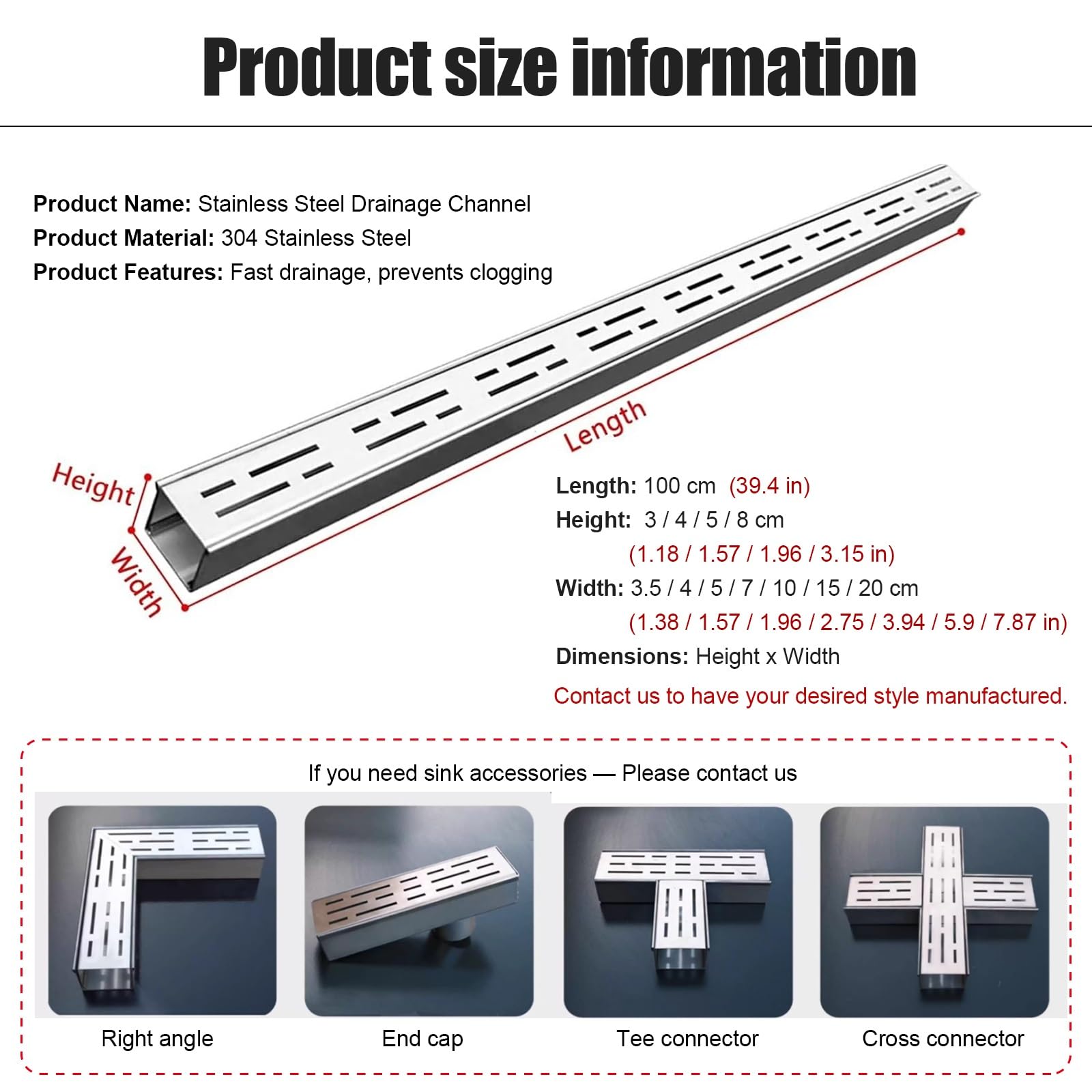 Drenaje de canal de acero inoxidable 304 con rejilla de acero galvanizado, sistema de drenaje de zanja para exteriores, entrada, garaje, patio, kit de drenaje duradero