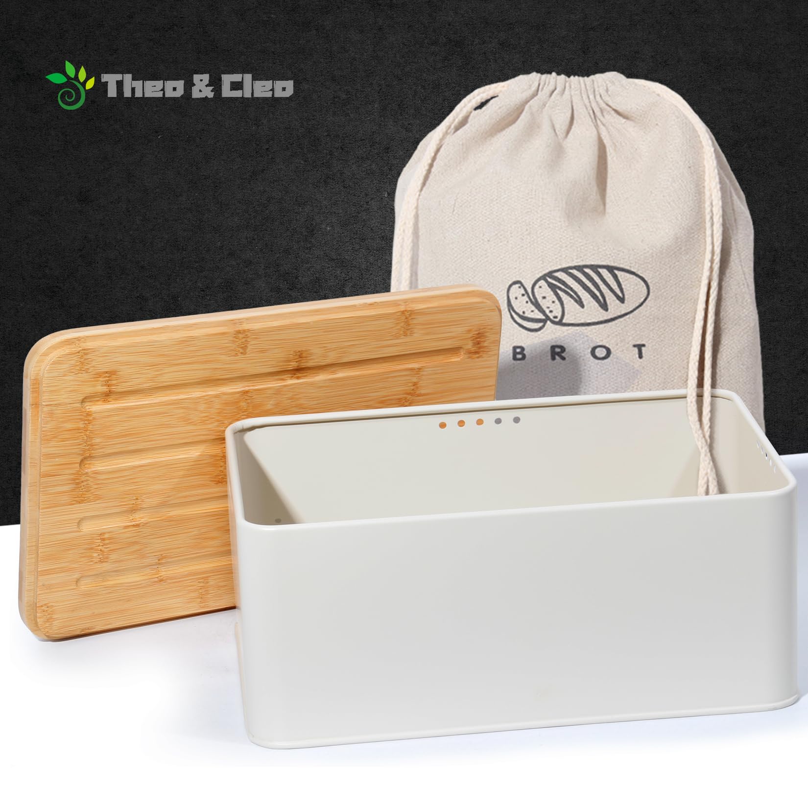 Theo&Cleo Brotkasten mit Schneidebrett , 33x21x15cm , Matte Brotbox mit Bambusdeckel und Leinen Brotbeutel , Rundum Belüftung , Brotkorb für langanhaltende Frische (Beige)