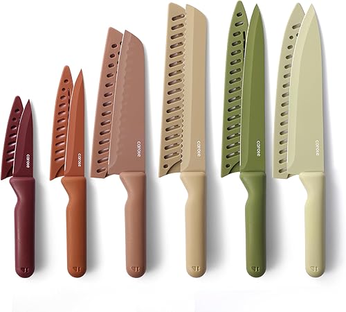 CAROTE Juego de cuchillos de cocina de 12 piezas con 6 protectores de cuchillas, apto para lavavajillas, juegos de cuchillos de cocina de acero