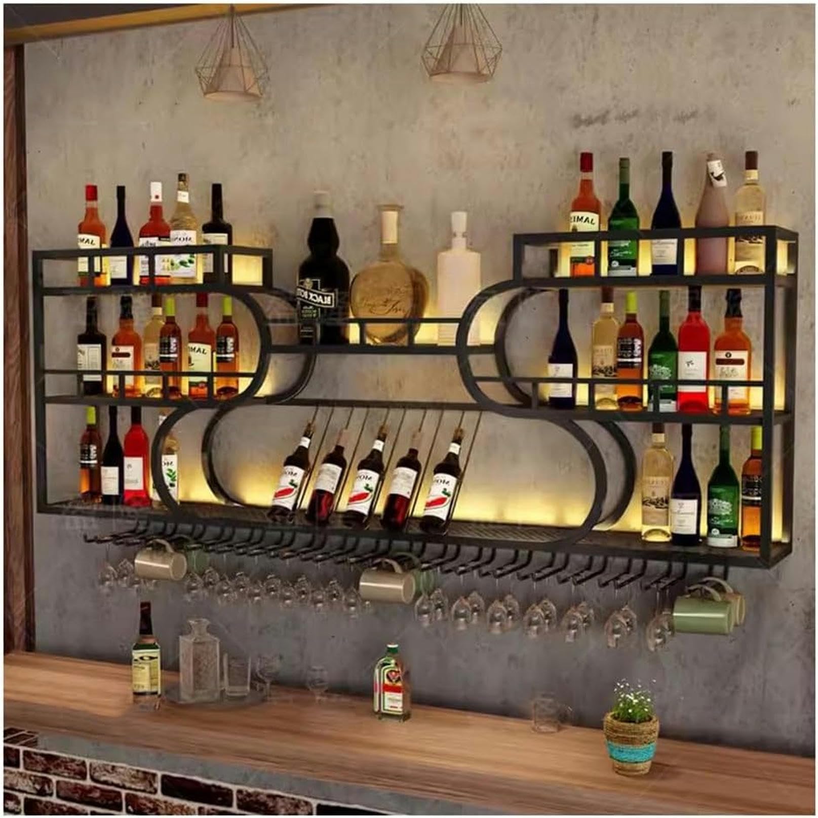 Étagère murale moderne à 2 étages en fer pour bouteille de vin, étagère de rangement multifonction pour maison, bar, salle à manger, cuisine