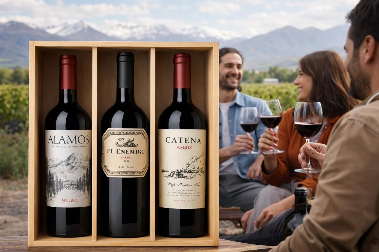 MYSECRETWINE Pack Vinos Argentinos Premium Malbec – Catena, El Enemigo y Alamos | Estuche de Madera Regalo | Vino Tinto de Mendoza | 3 Botellas 750ml