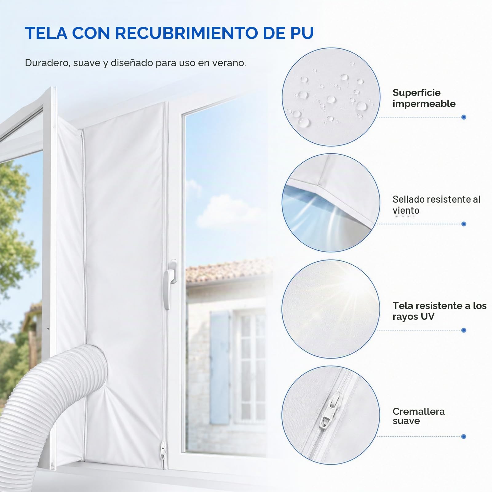 GOOGO Sellado de ventana para aire acondicionado 3 m, para equipos móviles con cremallera para tubo de escape, ventanas abatibles, climatizadores, secadoras y modelos de evacuación
