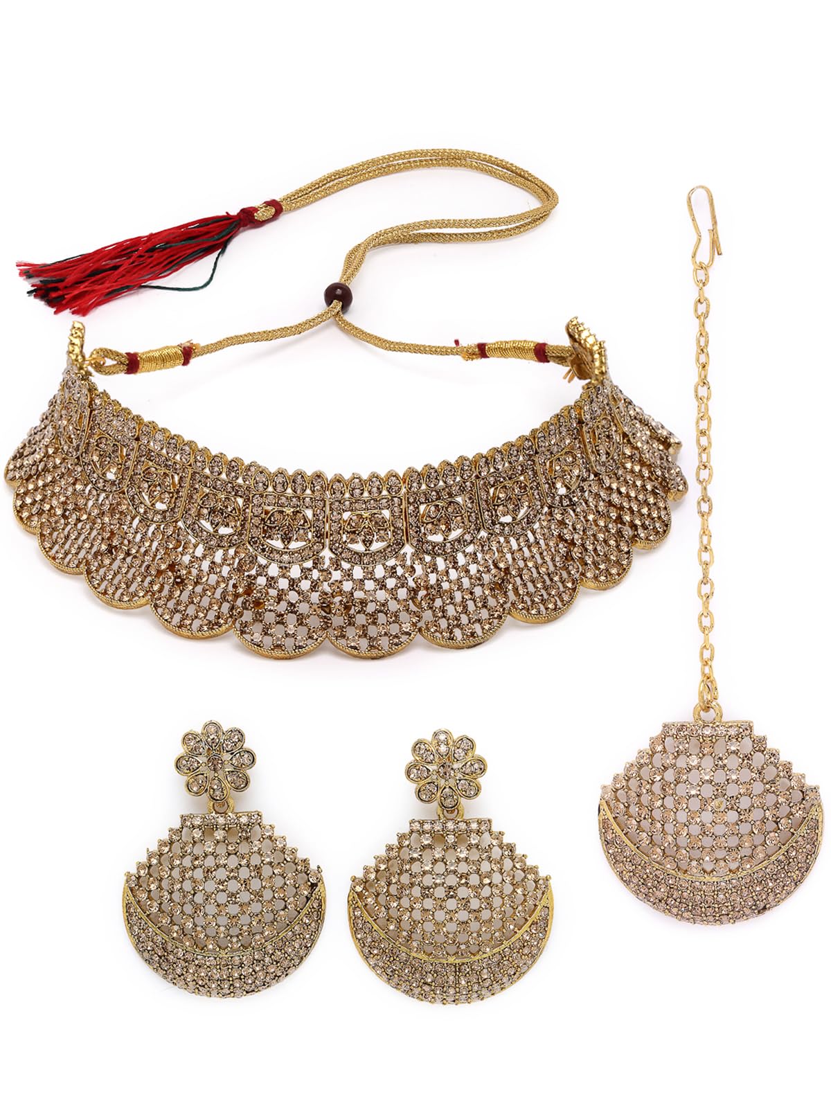 sukkhi Graceful Curve Shaped Gold Plate White AD Stone Choker Necklace Set With Earring And Maangtika | Jewellery Set For Women (NS105608)-picture-25