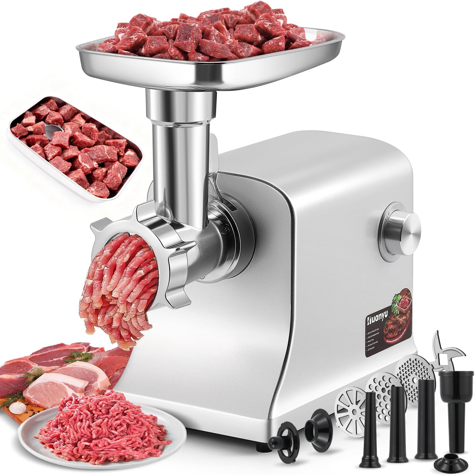 Electric Meat Grinder Sausage Maker Machine 2800W Max Heavy Duty with Stainless Steel Blade&3 Grinding Plates, Sausage Stuffer Tubes & Kubbe Kit for Home Kitchen Using