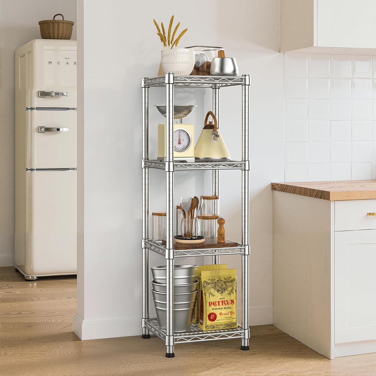 14" Metal Wire Shelving Unit Storage Shelves 4 Tier Adjustable Shelf Sturdy Steel Rack Standing Units Organizers organize for Laundry Bathroom Kitchen Closet Basement Garage Pantry Narrow Mesh Utility