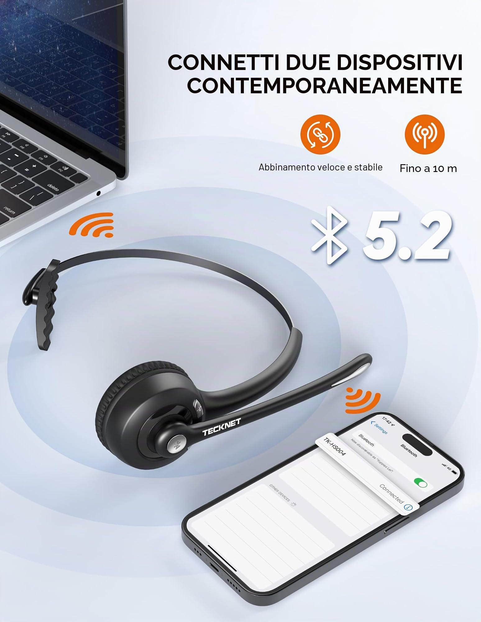 TECKNET Auricolare Bluetooth & Dongle USB, cuffie wireless ad orecchio con microfono a cancellazione di rumore, auricolare senza fili a mano libera per cellulare, PC, casa, ufficio, call center