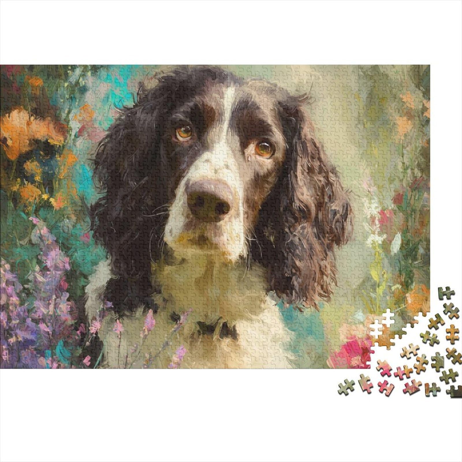 Spring Dog Portrait Premium Cardboard 1000 Piece Artistic Oil Painting Style Puzzle Set, Educational Challenge Adults/Teens, Birthday Gift & Home Activity, Vibrant Colours for Enthusiasts 38x26cm/1000