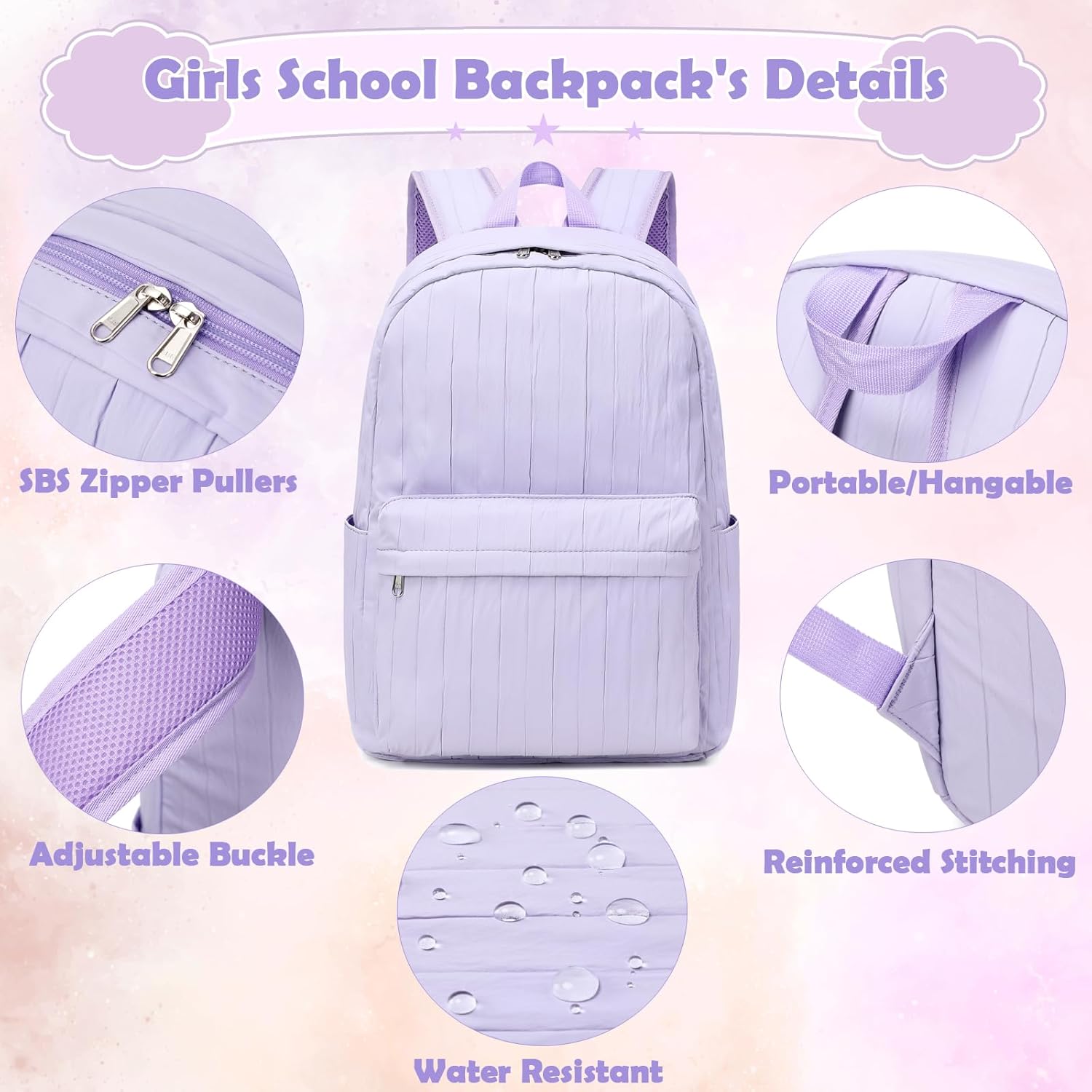 Kimwadalh Girls Bookbag with Lunch Box for School, 3PCS Purple Backpack with Pencil Case Large Capacity Girls Schoolbag for Preschool Elementary High School