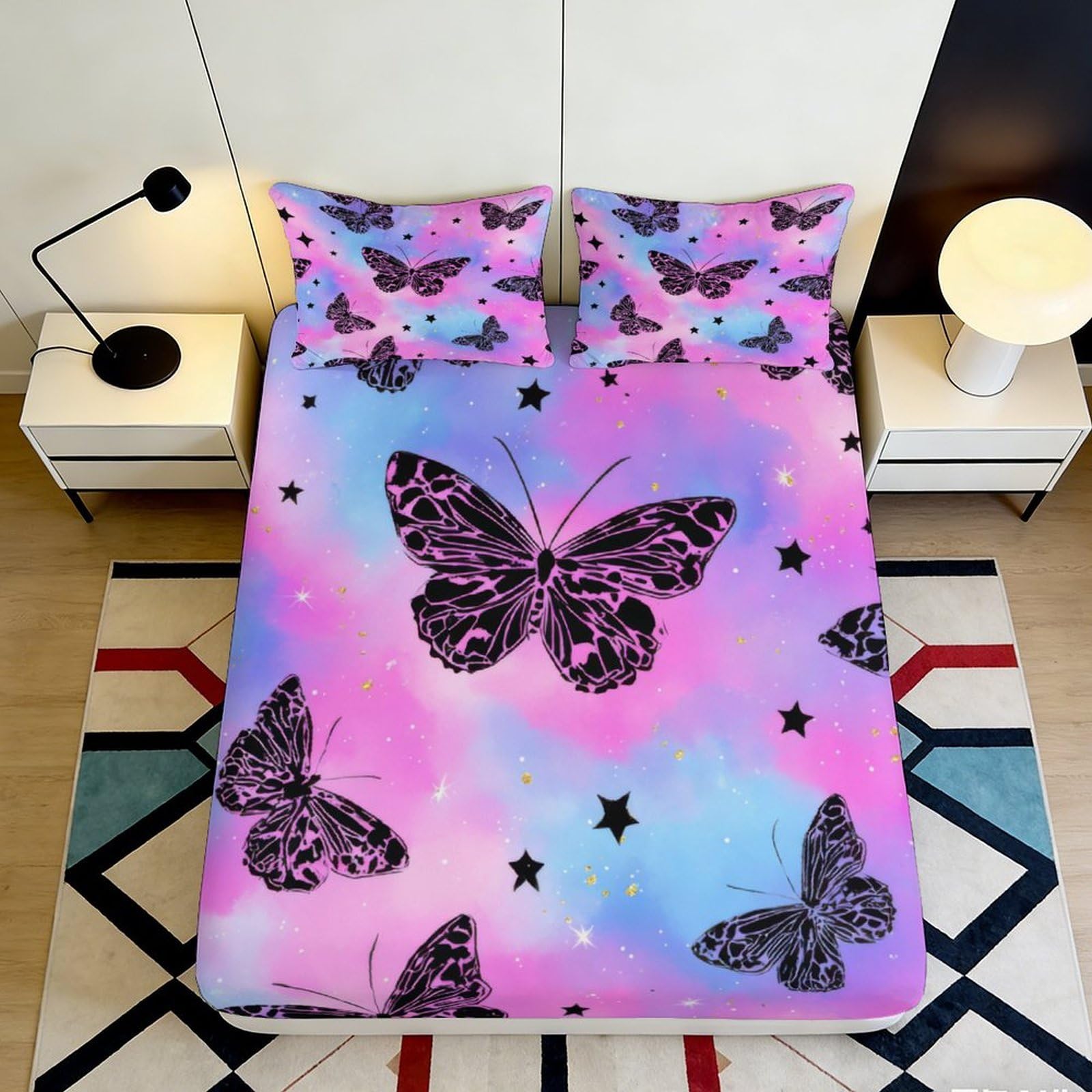 3D Printed Butterfly Dream Fitted Sheet Microfiber Soft Pastel Purple Mattress Cover for Bedroom Guest Room Decor 90x200x25cm