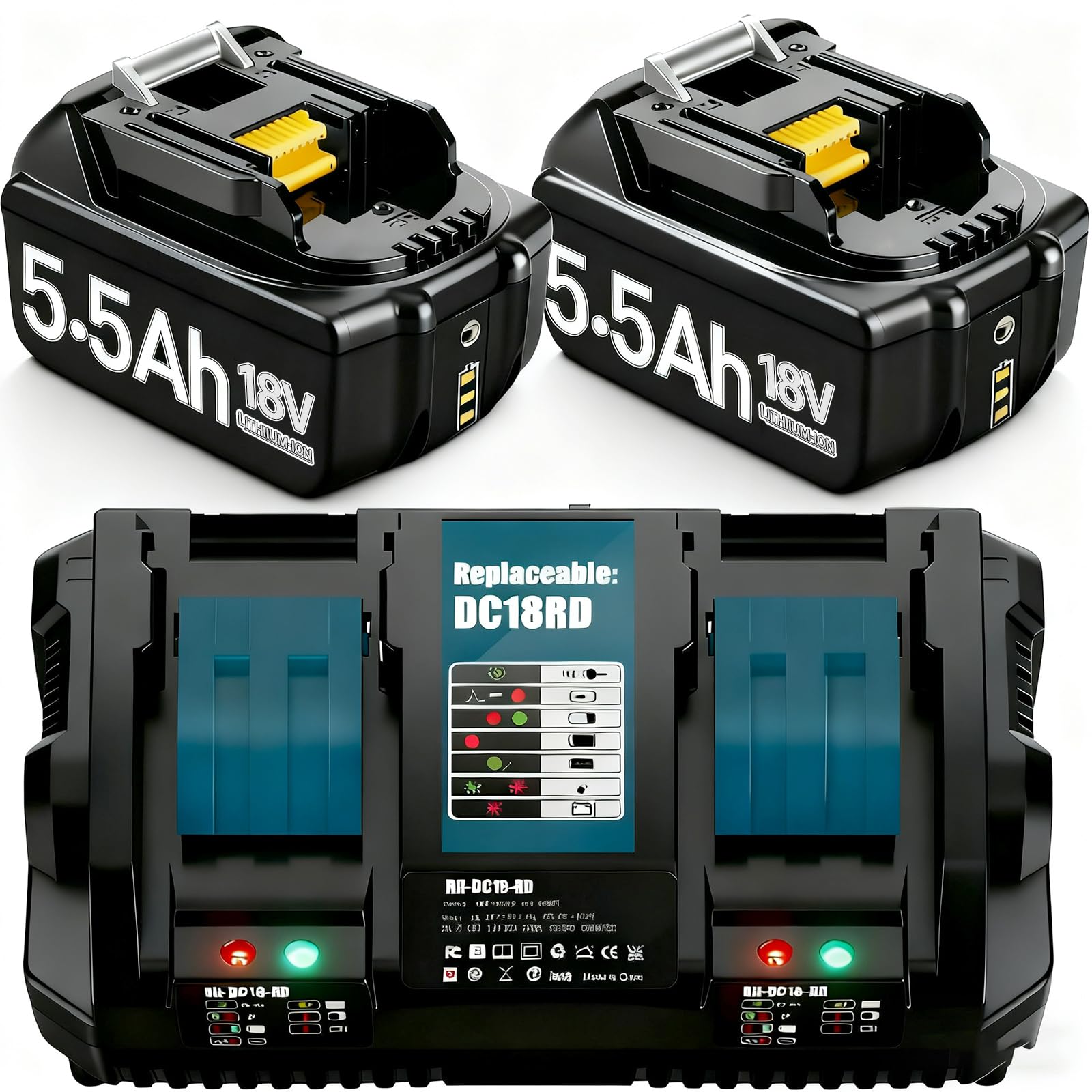 Verbessert 2X 18V 5.5Ah/5500mAh Ersatzakku für makita + Dual Port 6A Ladegerät Kompatibel BL1860B BL1850B BL1840 BL1830 BL1815 BL1845 BL1890 BL1415 BL1430 BL1440 BL1835 LXT-400 with LED Werkzeugakku.